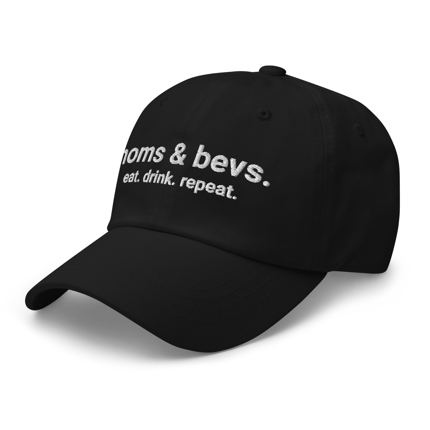 Noms & Bevs embroidered black dad hat in soft chino cotton twill