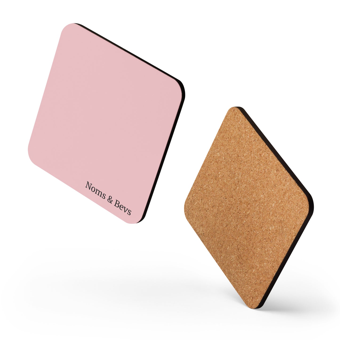 Product mockup of a Rosé Pink Coaster with the Noms & Bevs logo and cork backing.