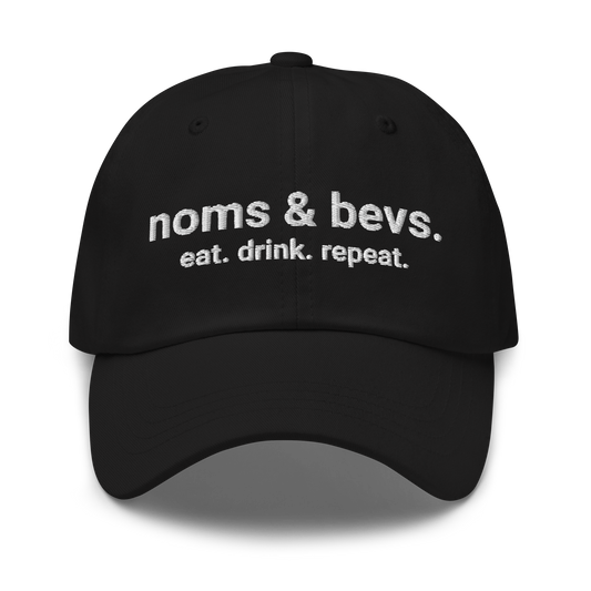 Noms & Bevs embroidered black dad hat in soft chino cotton twill