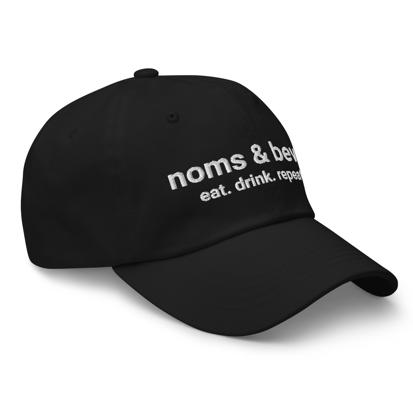 Noms & Bevs embroidered black dad hat in soft chino cotton twill