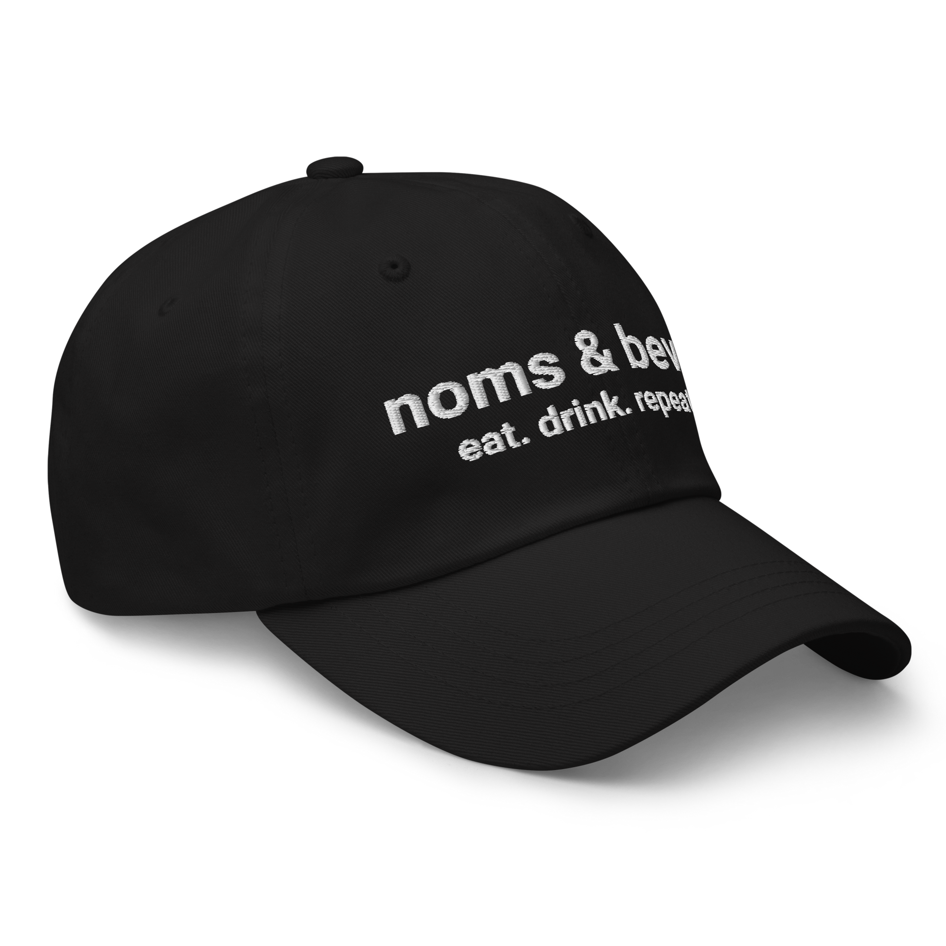 Noms & Bevs embroidered black dad hat in soft chino cotton twill