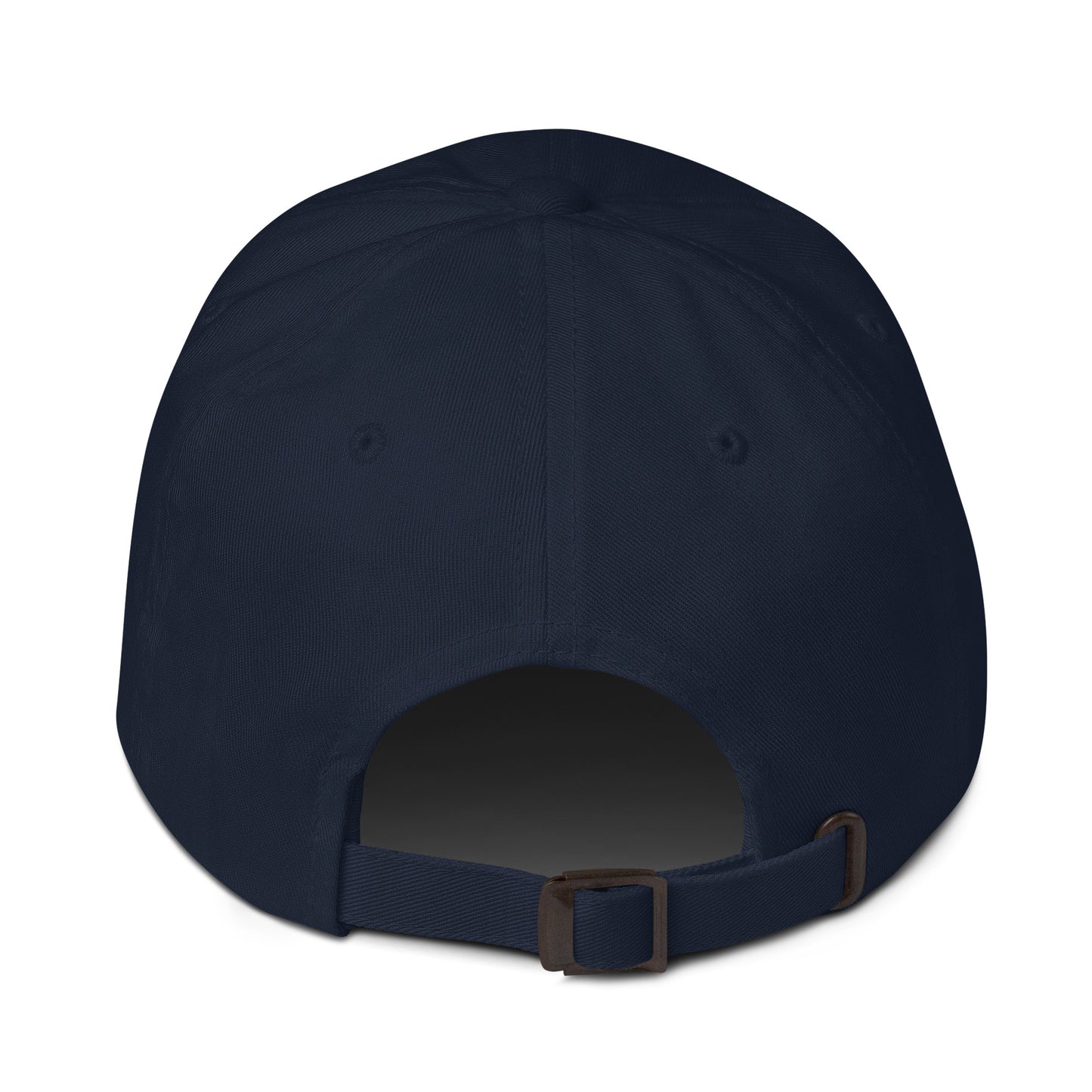Navy blue hat showing the adjustable buckle.