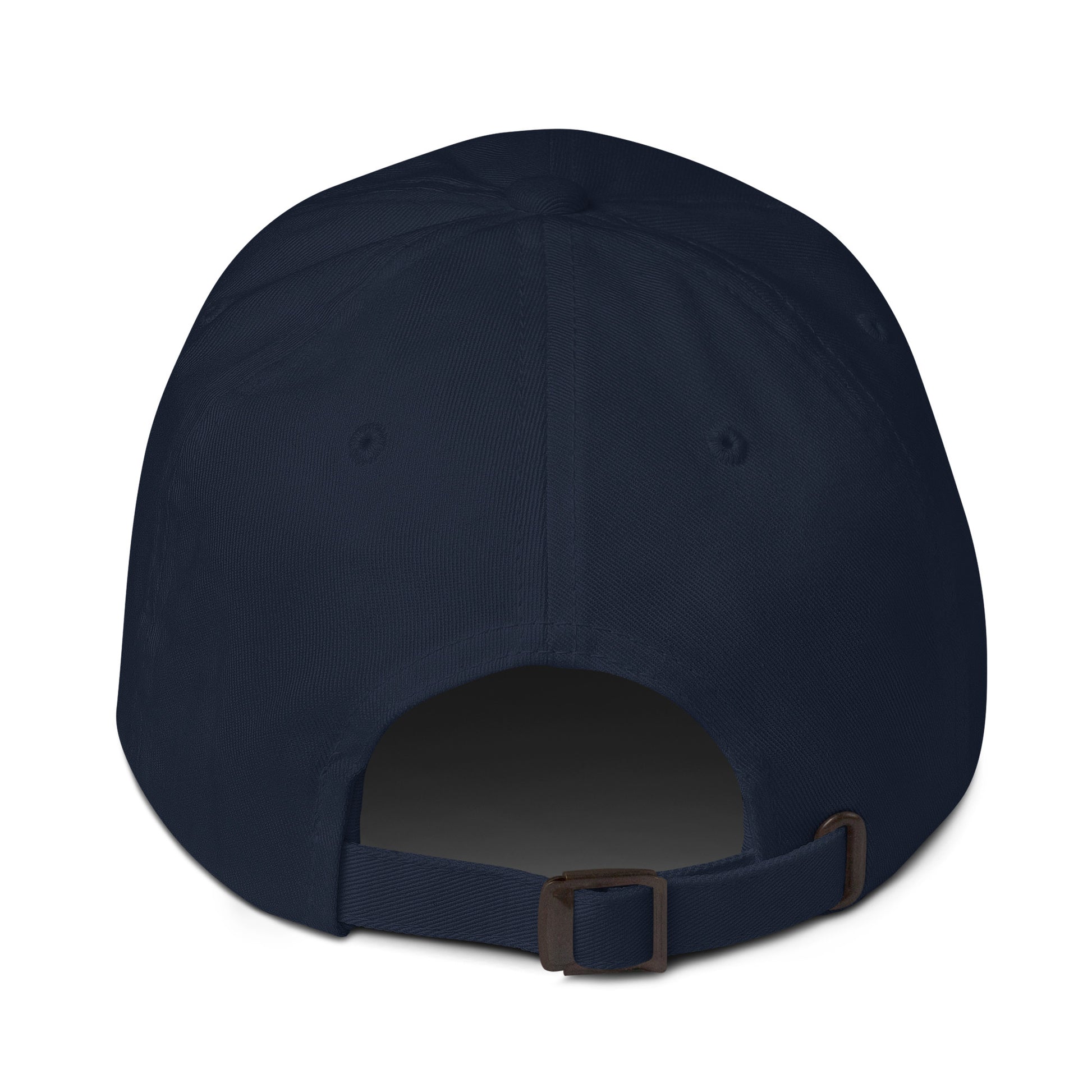Navy blue hat showing the adjustable buckle.